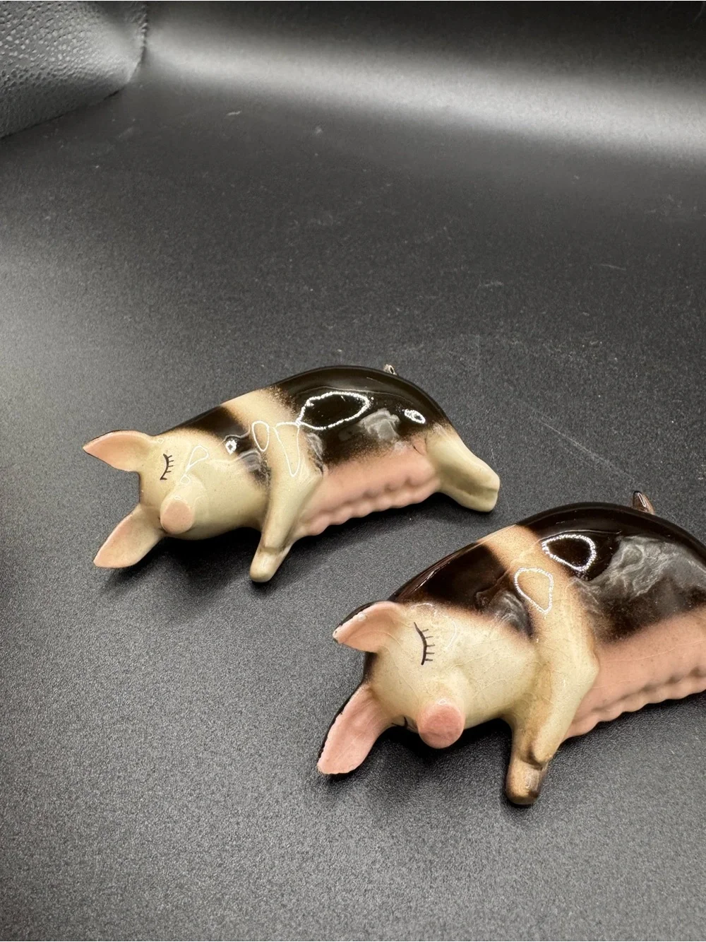 Ceramic Sleeping Pig Figurine Pair - Pink and Brown Decorative Set